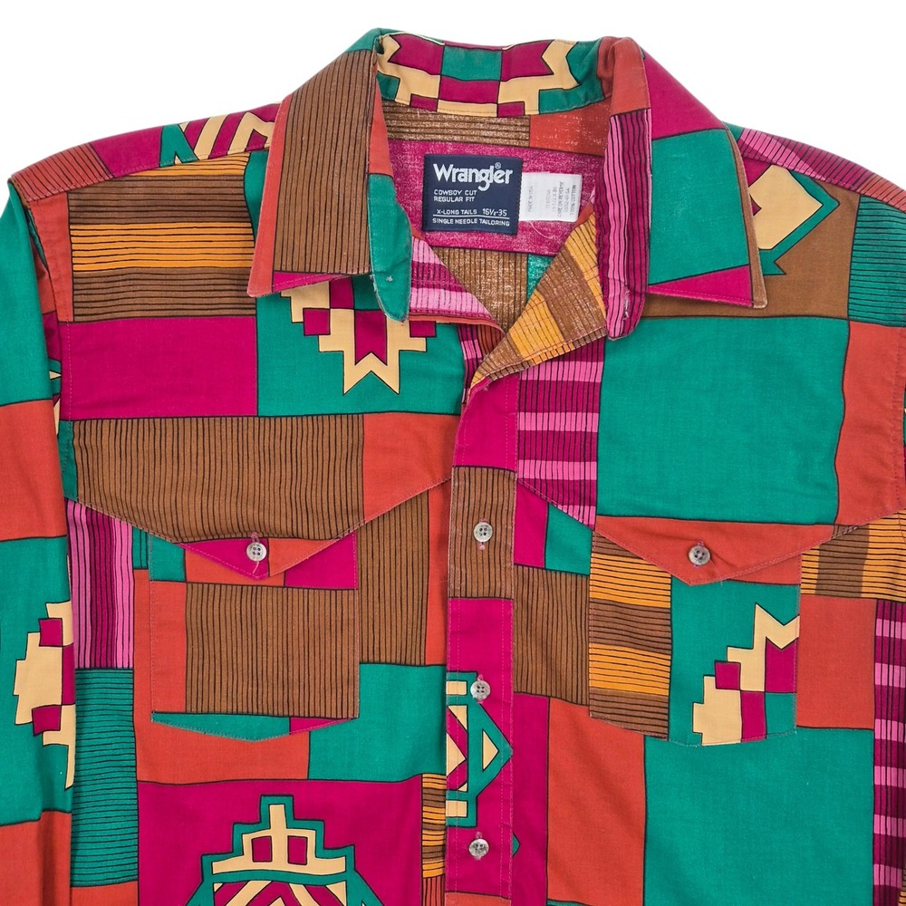 Wrangler Cowboy Cut Western Shirt Mens 16.5-35 Aztec Geometric Patchwork USA - Picture 3 of 11